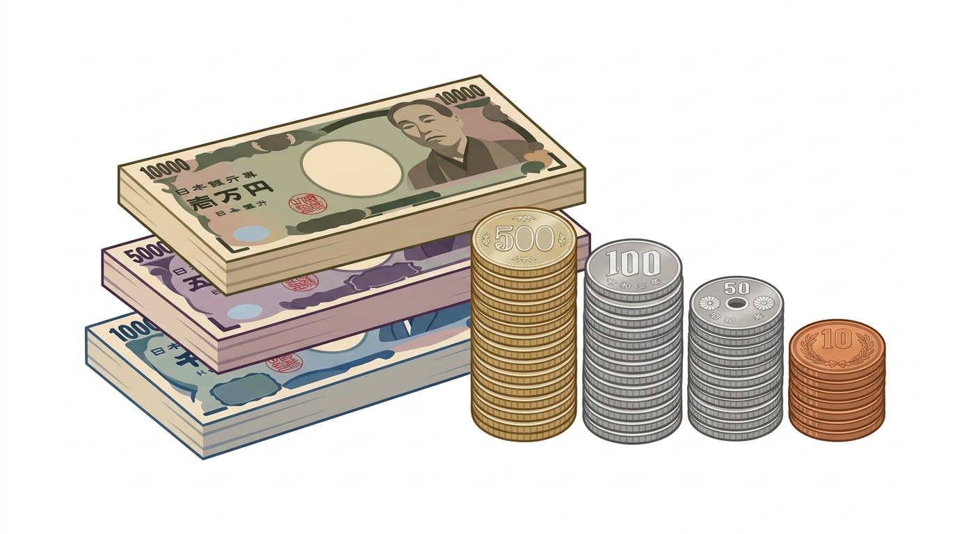 きれいに並べられた硬貨と千円札